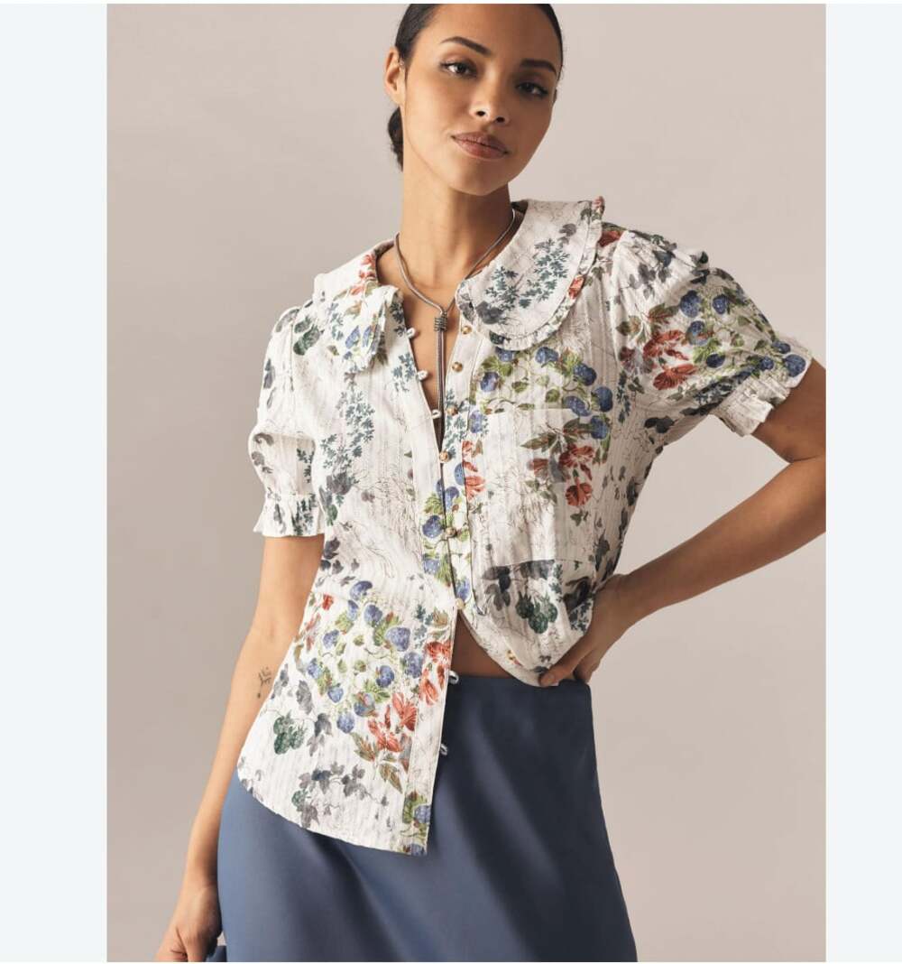 Pilcro Keira Blouse Womens XS Multicolor Floral Puff Sleeve Collared Button Top